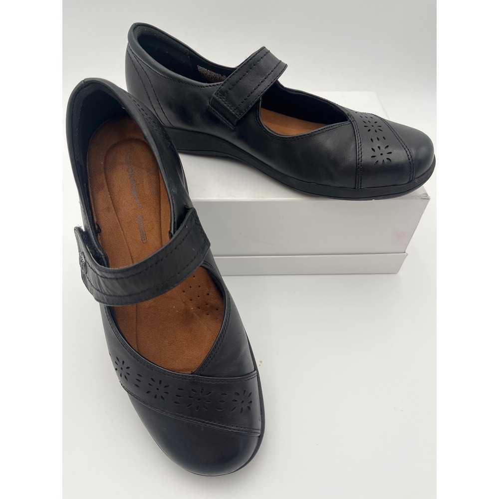 Rockport Cobb Hill Black Leather Mary Jane Flats Floral Perforated‎ Womens 9